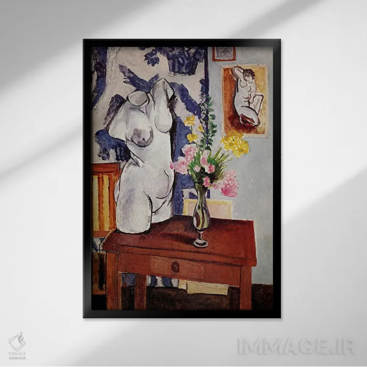 تابلو تنه گچی و دستهگل اثر آنری ماتیس - نمای قابدار مشکی