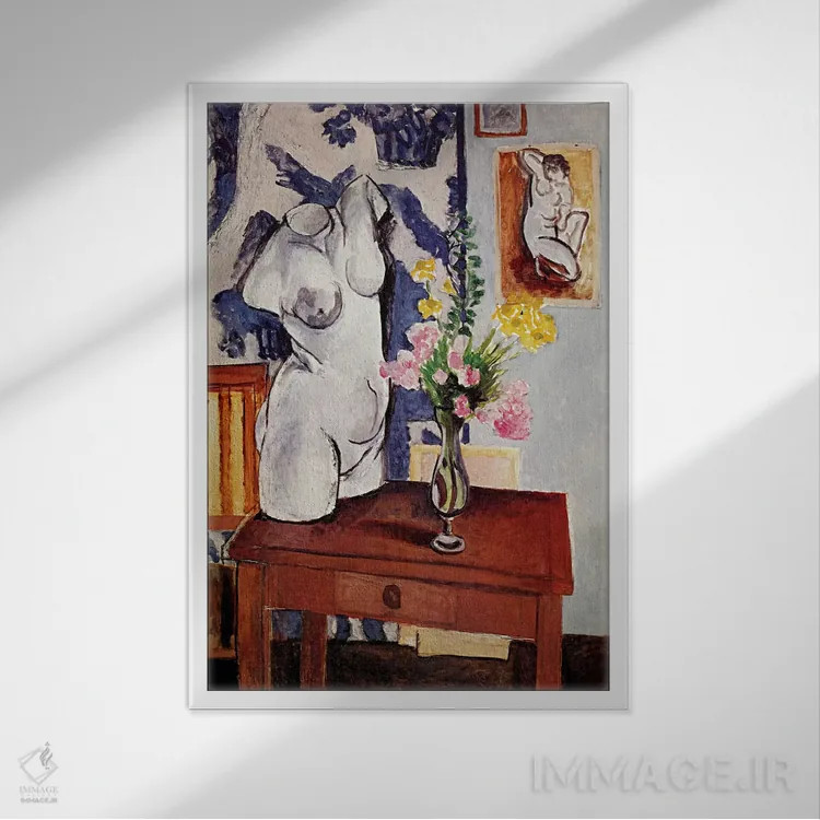 تابلو تنه گچی و دستهگل اثر آنری ماتیس - نمای قابدار سفید