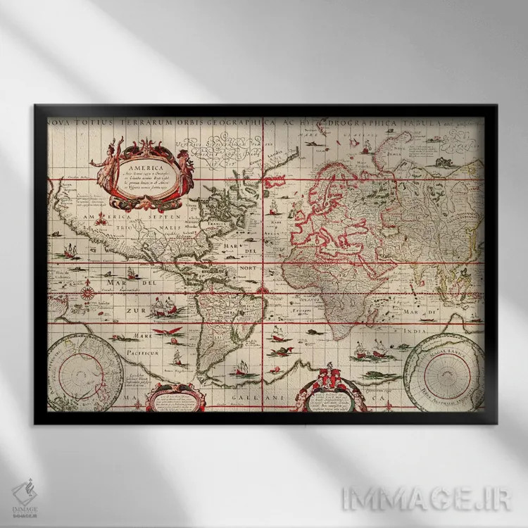 تابلو نقشه جهان قدیمی (بلاو، ویلم یانزون، ۱۶۰۶) اثر هنرمند ناشناس - نمای قابدار مشکی