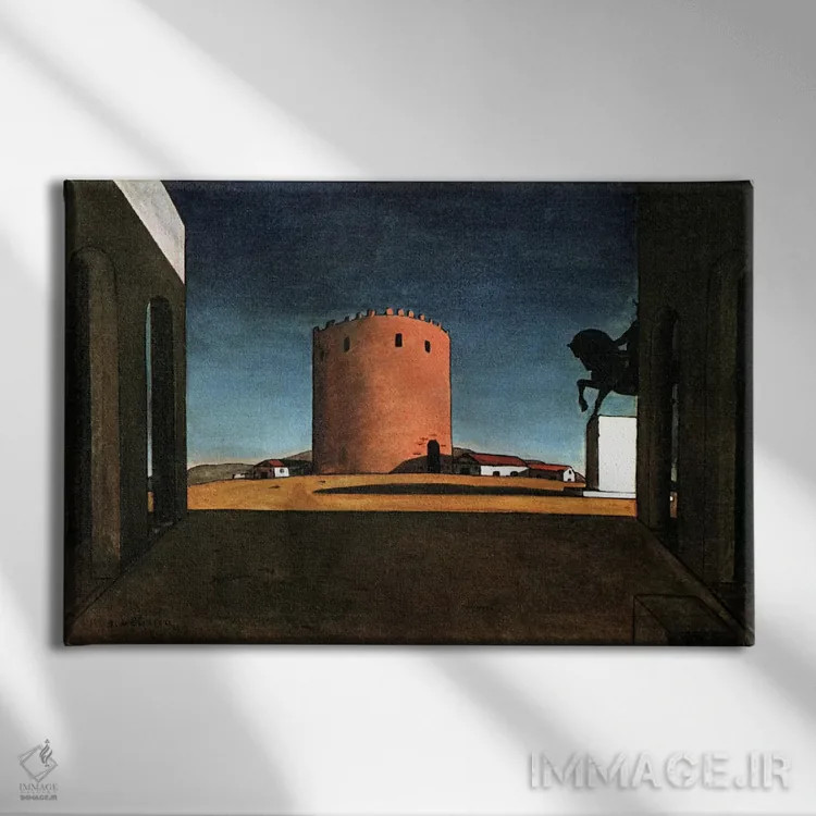 تابلو برج سرخ اثر جورجو د کیریکو (نقاش ایتالیایی متافیزیک) - نمای روبهرو روی دیوار
