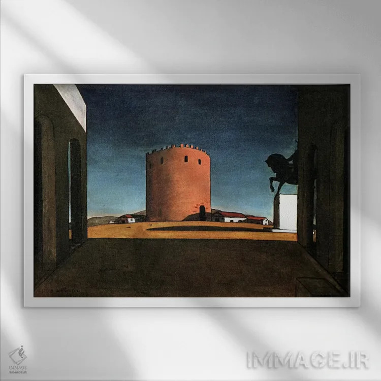 تابلو برج سرخ اثر جورجو د کیریکو (نقاش ایتالیایی متافیزیک) - نمای قابدار سفید
