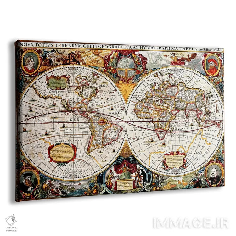 تابلو نقشه جهان (دو نیمکره) قدیمی (هوندیوس، هنریکوس حدود ۱۶۳۰) اثر هنرمند ناشناس - نمای پرسپکتیو محصول