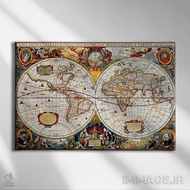تابلو نقشه جهان (دو نیمکره) قدیمی (هوندیوس، هنریکوس حدود ۱۶۳۰) اثر هنرمند ناشناس - نمای روبهرو روی دیوار