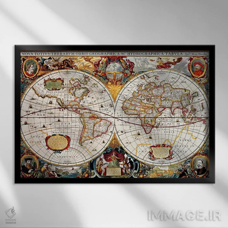 تابلو نقشه جهان (دو نیمکره) قدیمی (هوندیوس، هنریکوس حدود ۱۶۳۰) اثر هنرمند ناشناس - نمای قابدار مشکی