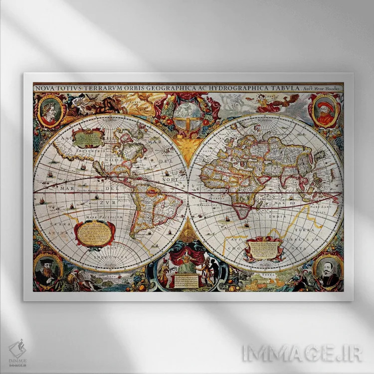 تابلو نقشه جهان (دو نیمکره) قدیمی (هوندیوس، هنریکوس حدود ۱۶۳۰) اثر هنرمند ناشناس - نمای قابدار سفید
