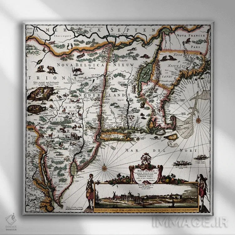 تابلو نقشه قدیمی از کنتیکت، مین، مریلند، ماساچوست، نیوهمپشر، نیوجرسی و نیویورک اثر هنرمند ناشناس - نمای روبهرو روی دیوار