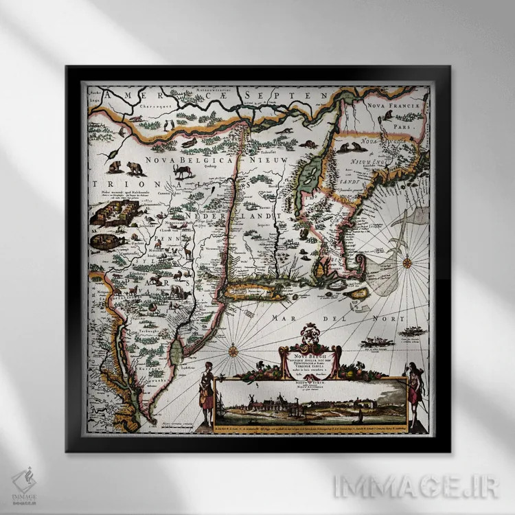 تابلو نقشه قدیمی از کنتیکت، مین، مریلند، ماساچوست، نیوهمپشر، نیوجرسی و نیویورک اثر هنرمند ناشناس - نمای قابدار مشکی