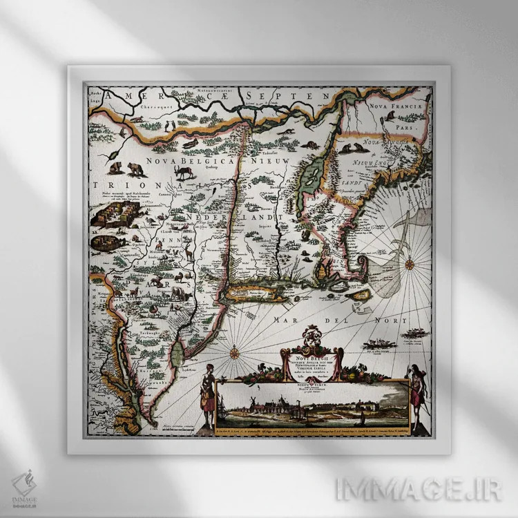 تابلو نقشه قدیمی از کنتیکت، مین، مریلند، ماساچوست، نیوهمپشر، نیوجرسی و نیویورک اثر هنرمند ناشناس - نمای قابدار سفید