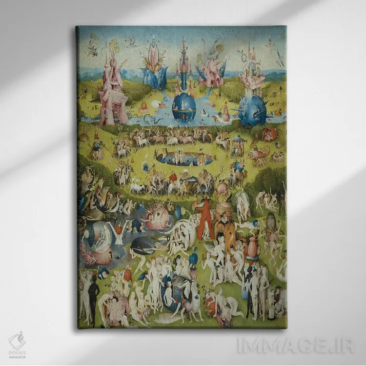 تابلو پنل مرکزی کامل از باغ لذتهای زمینی اثر هیرونیموس بوش - نمای روبهرو روی دیوار