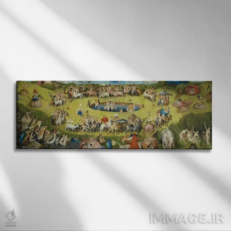 تابلو بالای پنل مرکزی باغ لذتهای زمینی اثر هیرونیموس بوش - نمای روبهرو روی دیوار