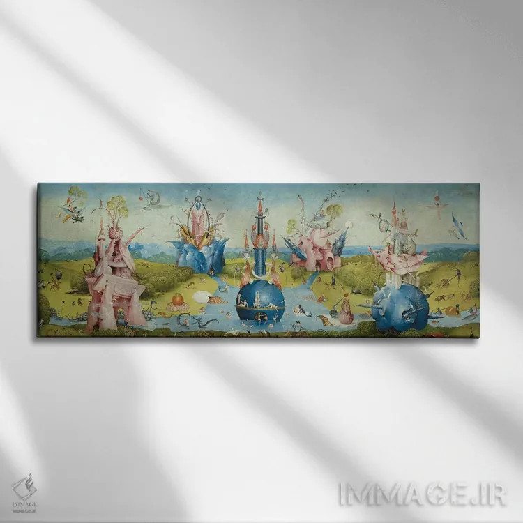 تابلو بالای پنل مرکزی باغ لذتهای زمینی ۲ اثر هیرونیموس بوش - نمای روبهرو روی دیوار