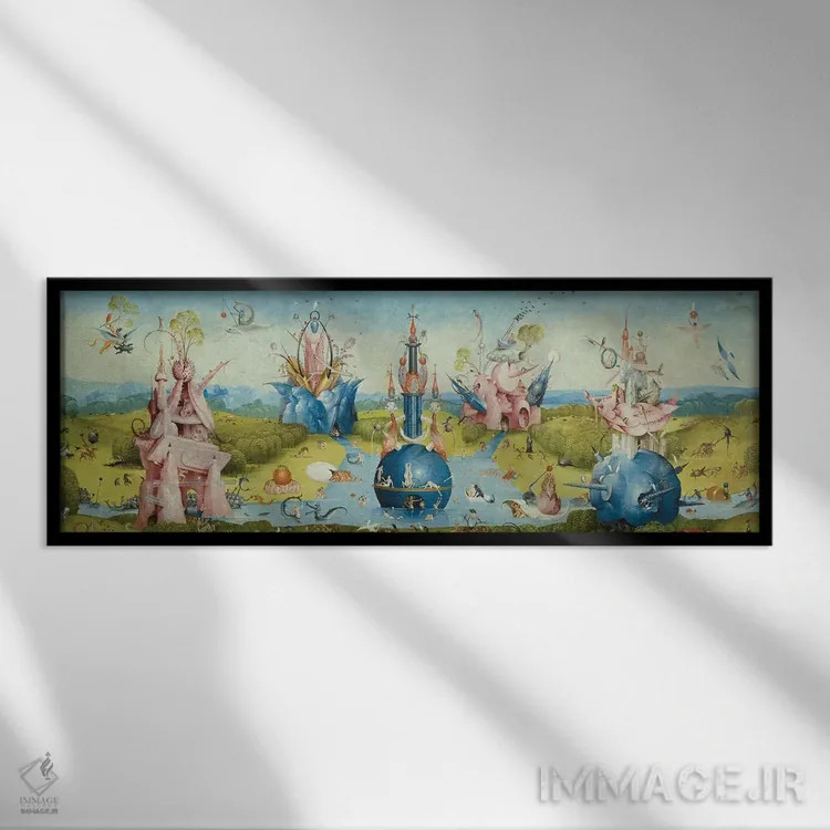 تابلو بالای پنل مرکزی باغ لذتهای زمینی ۲ اثر هیرونیموس بوش - نمای قابدار مشکی