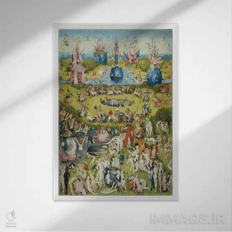 تابلو پنل مرکزی کامل از باغ لذتهای زمینی اثر هیرونیموس بوش - نمای قابدار سفید