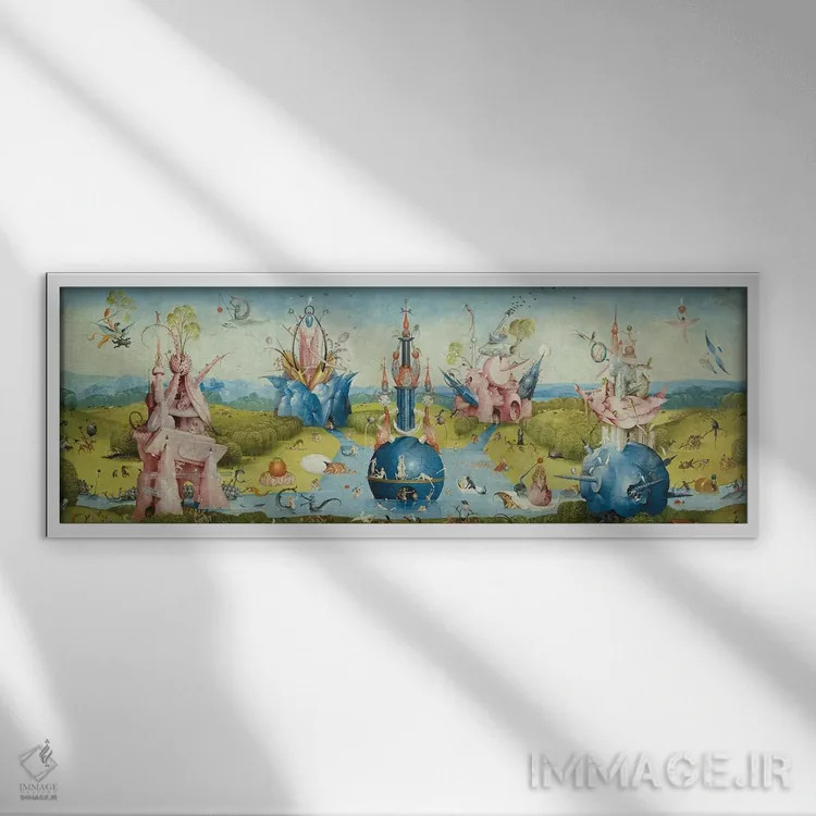 تابلو بالای پنل مرکزی باغ لذتهای زمینی ۲ اثر هیرونیموس بوش - نمای قابدار سفید