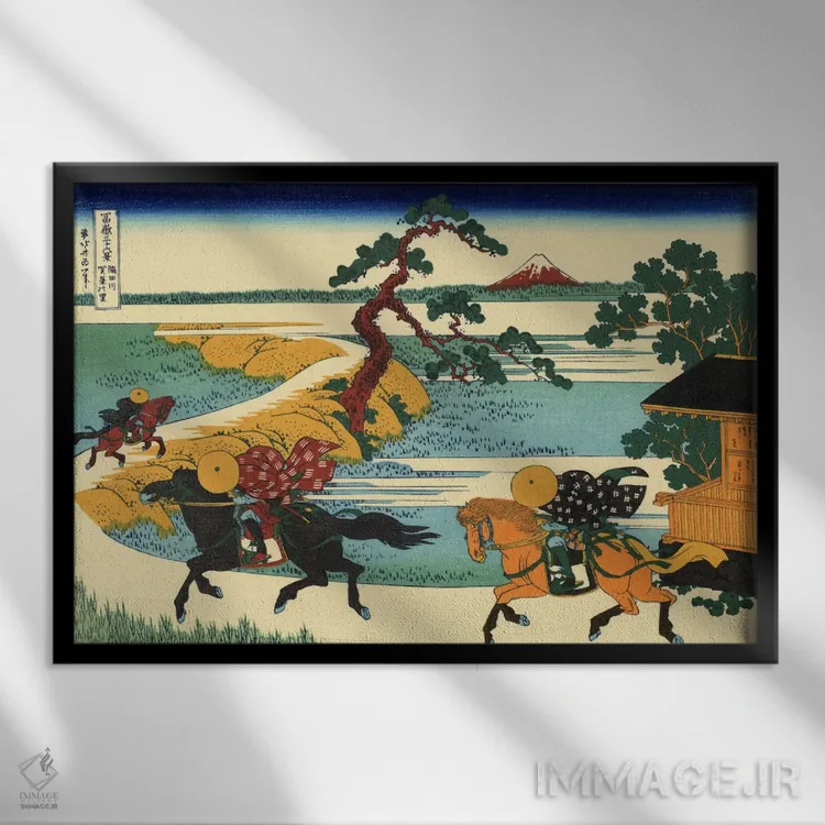 تابلو شهر سد بر رودخانه سومیدا (سومیداگاوا سکییا نو ساتو) اثر کاتسوشیکا هوکوسای (نقاش و هنرمند ژاپنی) - نمای قابدار مشکی