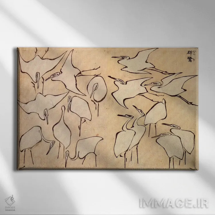 تابلو درناها (پرنده) اثر کاتسوشیکا هوکوسای (نقاش و هنرمند ژاپنی) - نمای روبهرو روی دیوار