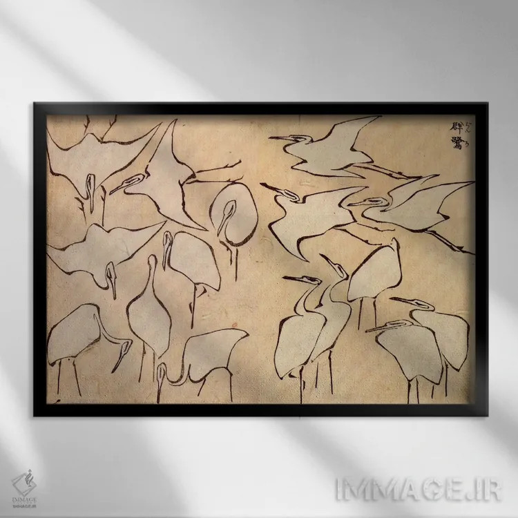 تابلو درناها (پرنده) اثر کاتسوشیکا هوکوسای (نقاش و هنرمند ژاپنی) - نمای قابدار مشکی