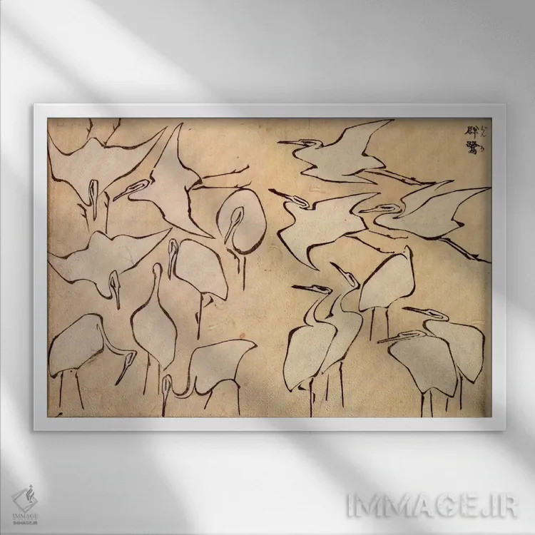 تابلو درناها (پرنده) اثر کاتسوشیکا هوکوسای (نقاش و هنرمند ژاپنی) - نمای قابدار سفید