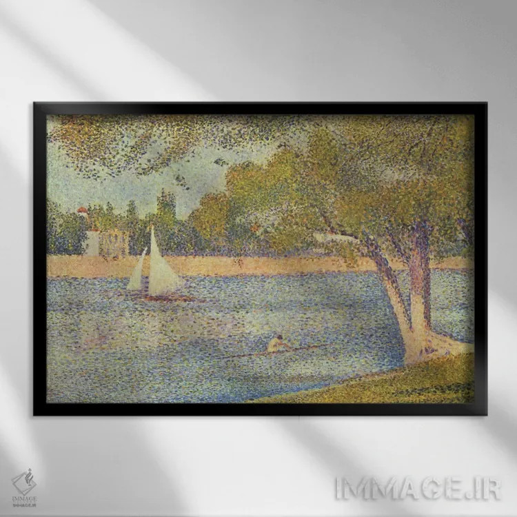 تابلو سواحل سن (رود سن در گراند ژات)، (بهار) اثر ژرژ سورا (نقاش نئوامپرسیونیست فرانسوی) - نمای قابدار مشکی