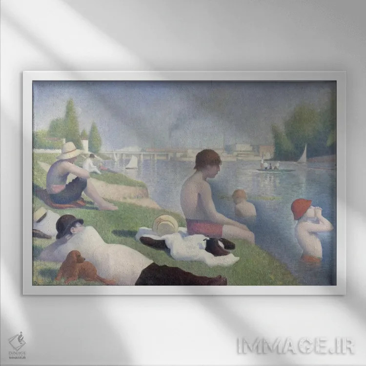 تابلو شناگران در اسنییر ۱۸۸۴ اثر ژرژ سورا (نقاش نئوامپرسیونیست فرانسوی) - نمای قابدار سفید