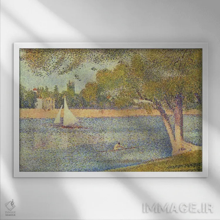 تابلو سواحل سن (رود سن در گراند ژات)، (بهار) اثر ژرژ سورا (نقاش نئوامپرسیونیست فرانسوی) - نمای قابدار سفید