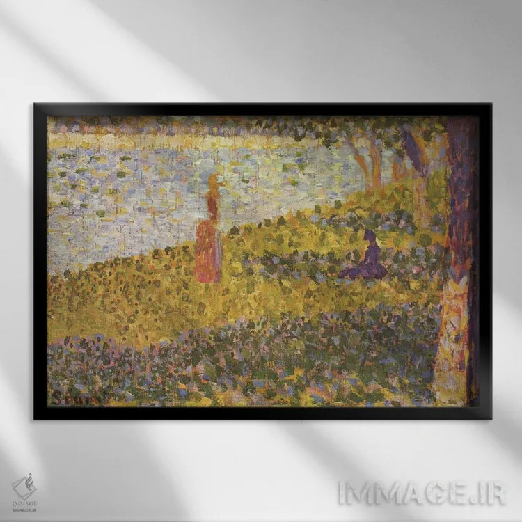 تابلو زنان کنار رودخانه ۱۸۸۶ اثر ژرژ سورا (نقاش نئوامپرسیونیست فرانسوی) - نمای قابدار مشکی