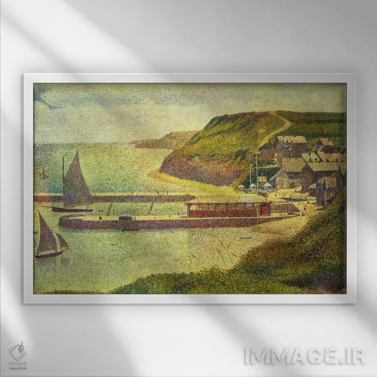 تابلو بندر ان بسَن ۱۸۸۸ اثر ژرژ سورا (نقاش نئوامپرسیونیست فرانسوی) - نمای قابدار سفید