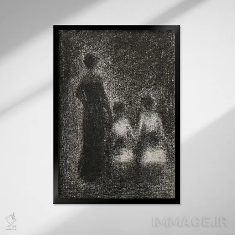 تابلو زن با دو دختر کوچک ۱۸۸۲–۱۸۸۴ اثر ژرژ سورا (نقاش نئوامپرسیونیست فرانسوی) - نمای قابدار مشکی
