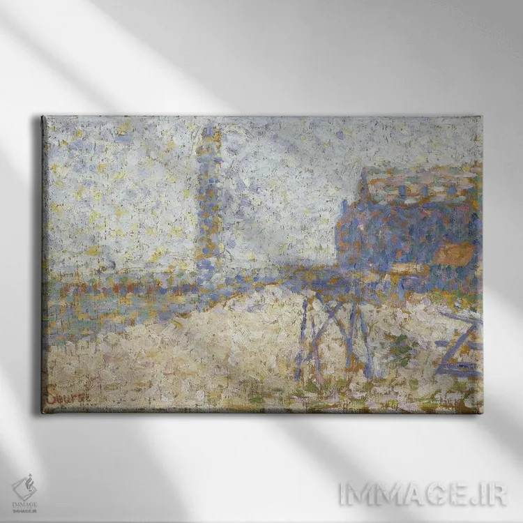 تابلو آسایشگاه و فانوس دریایی هونفلور ۱۸۸۶ اثر ژرژ سورا (نقاش نئوامپرسیونیست فرانسوی) - نمای روبهرو روی دیوار