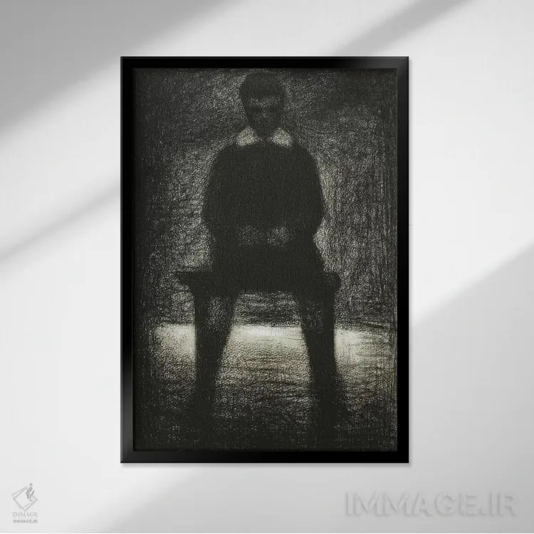 تابلو موریس آپرت (پسر بچه نشسته) ۱۸۸۴ اثر ژرژ سورا (نقاش نئوامپرسیونیست فرانسوی) - نمای قابدار مشکی