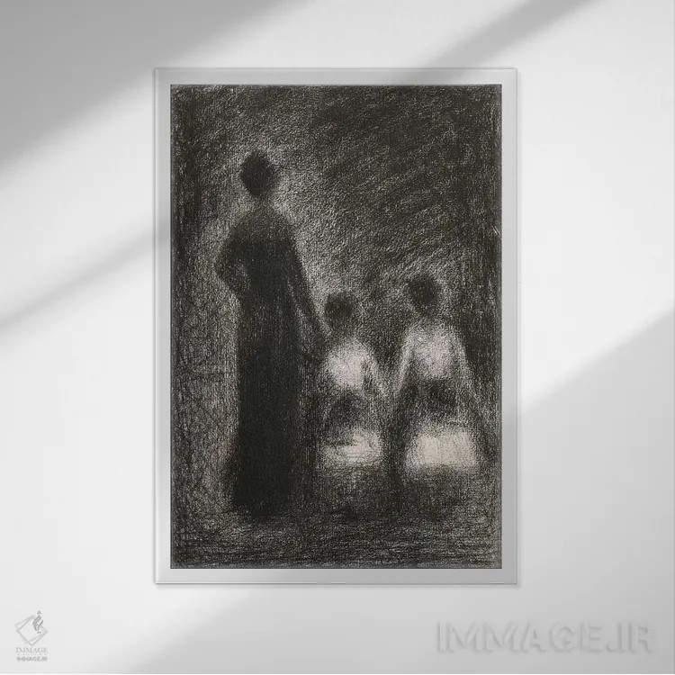 تابلو زن با دو دختر کوچک ۱۸۸۲–۱۸۸۴ اثر ژرژ سورا (نقاش نئوامپرسیونیست فرانسوی) - نمای قابدار سفید