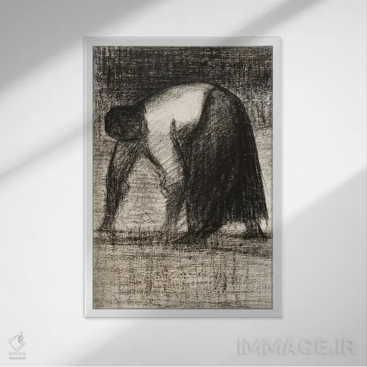 تابلو روستایی با دست روی زمین ۱۸۸۲ اثر ژرژ سورا (نقاش نئوامپرسیونیست فرانسوی) - نمای قابدار سفید