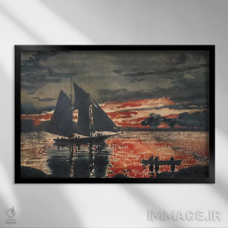 تابلو آتشسوزیهای هنگام غروب، ۱۸۸۰ اثر وینسلو هومر - نمای قابدار مشکی