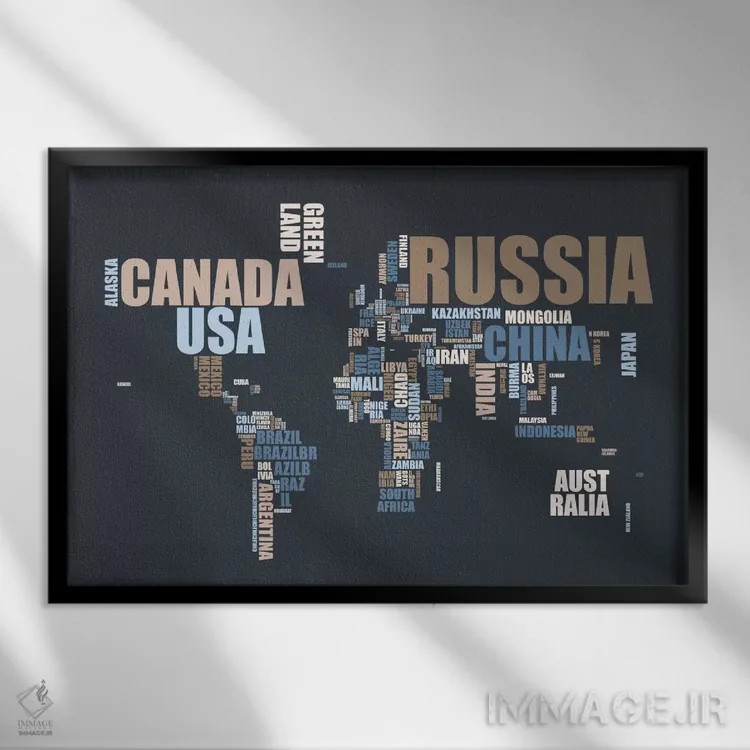تابلو نقشه جهان با واژهها اثر مایکل تامپست - نمای قابدار مشکی