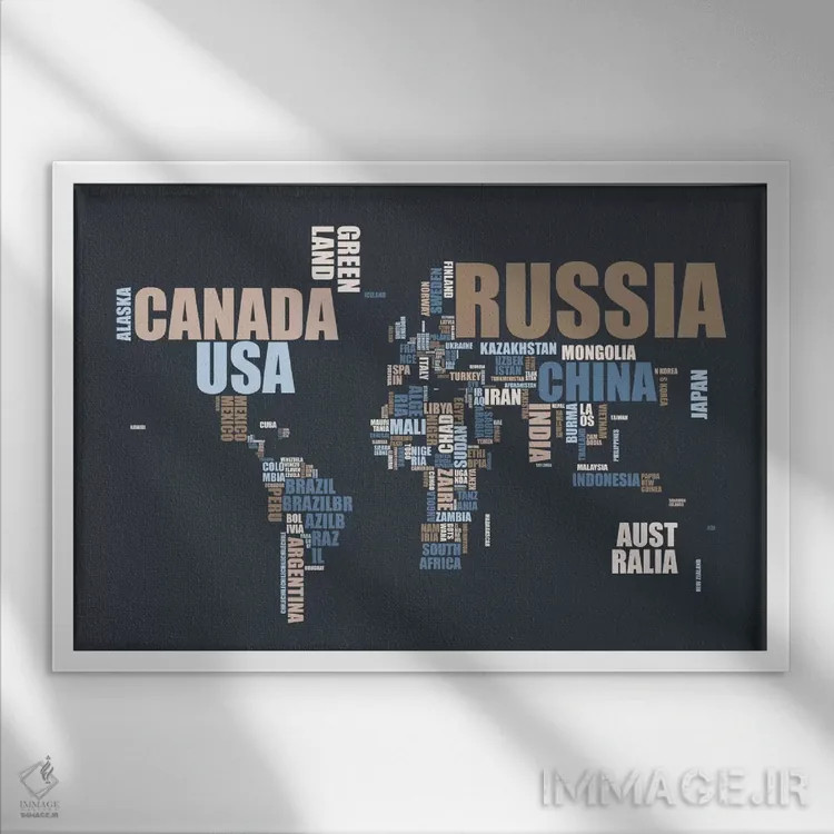 تابلو نقشه جهان با واژهها اثر مایکل تامپست - نمای قابدار سفید