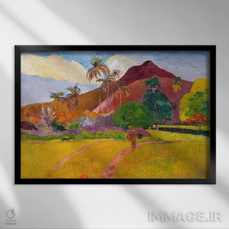 تابلو منظره تاهیتی (جزیره) اثر پل گوگن - نمای قابدار مشکی