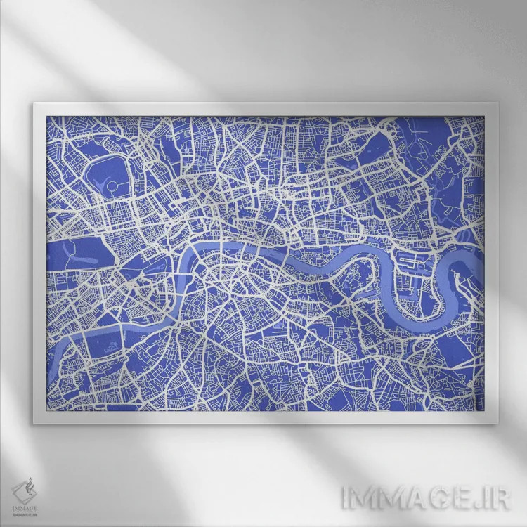تابلو نقشه لندن ۴ (آبی) اثر مایکل تامپست - نمای قابدار سفید