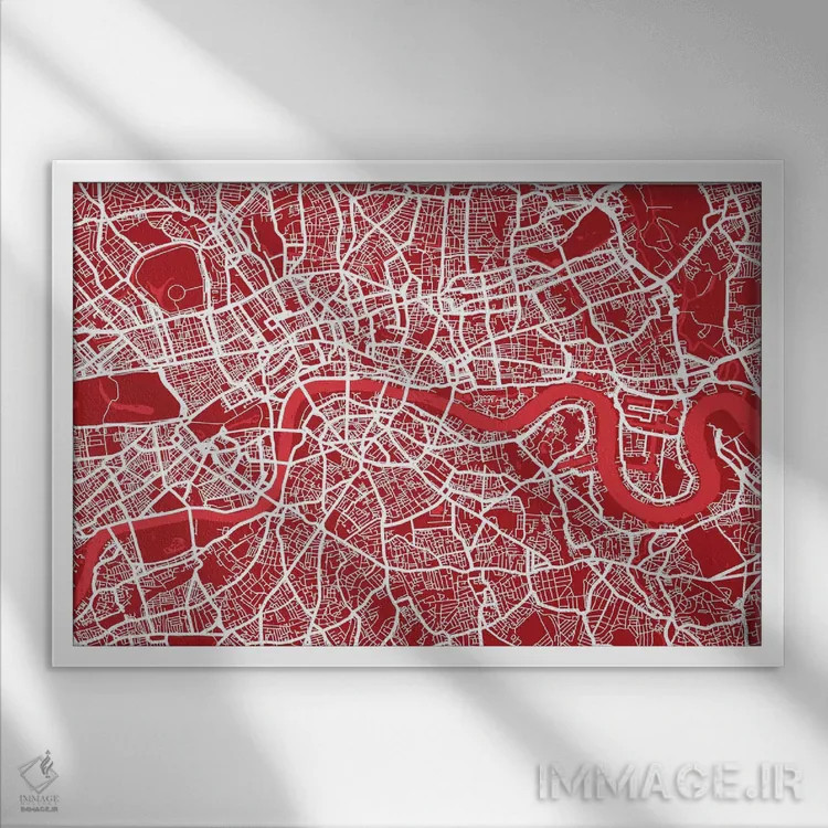تابلو نقشه لندن ۳ (قرمز) اثر مایکل تامپست - نمای قابدار سفید