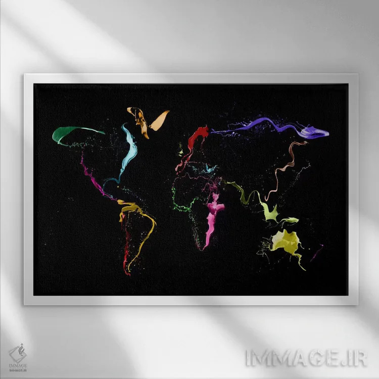 تابلو نقشه جهان (نقاشی انتزاعی) ۲ اثر مایکل تامپست - نمای قابدار سفید