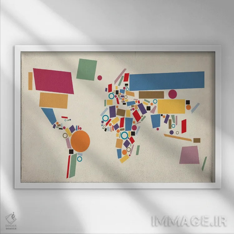 تابلو نقشه جهان هندسی (انتزاعی) اثر مایکل تامپست - نمای قابدار سفید