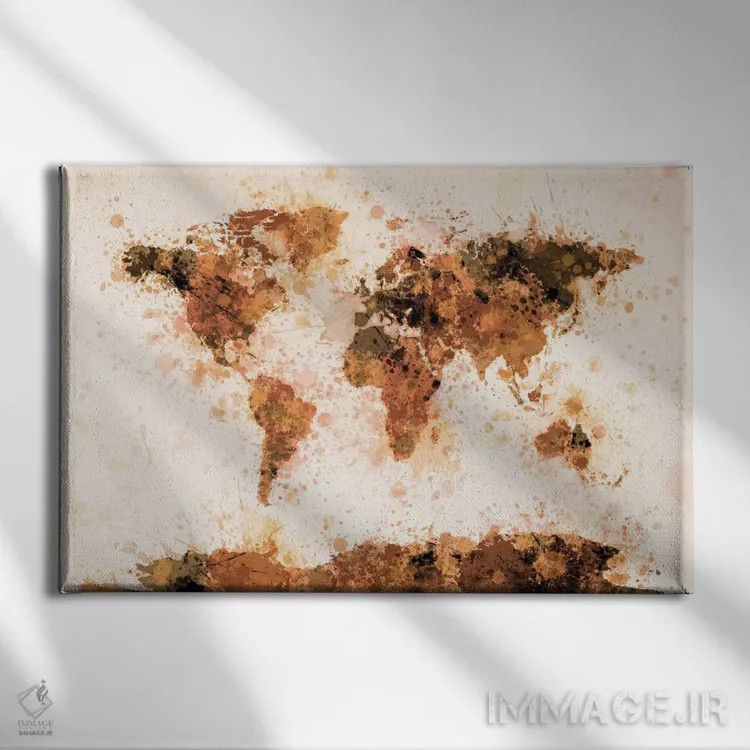 تابلو نقشه جهان با پاشش رنگ برنزی اثر مایکل تامپست - نمای روبهرو روی دیوار