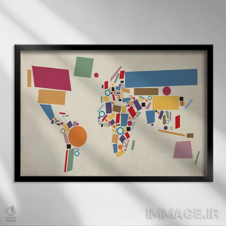 تابلو نقشه جهان هندسی (انتزاعی) اثر مایکل تامپست - نمای قابدار مشکی