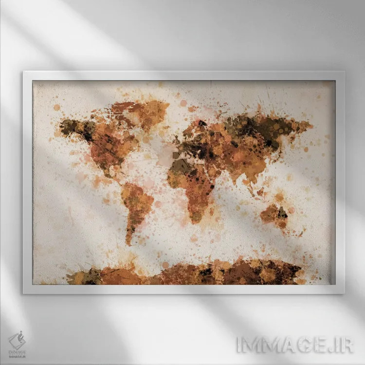 تابلو نقشه جهان با پاشش رنگ برنزی اثر مایکل تامپست - نمای قابدار سفید