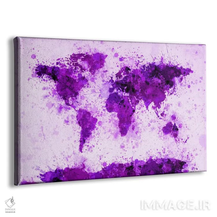 تابلو نقشه جهان با پاشش رنگ (بنفش) اثر مایکل تامپست - نمای پرسپکتیو محصول