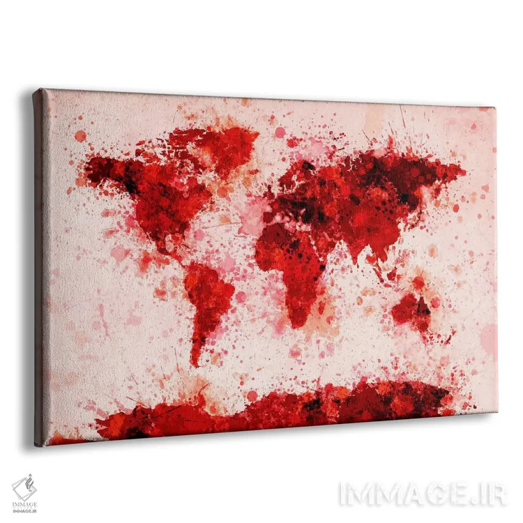 تابلو نقشه جهان با پاشش رنگ (قرمز) اثر مایکل تامپست - نمای پرسپکتیو محصول