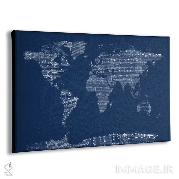 تابلو نقشه جهان با نت موسیقی (آبی) اثر مایکل تامپست - نمای پرسپکتیو محصول