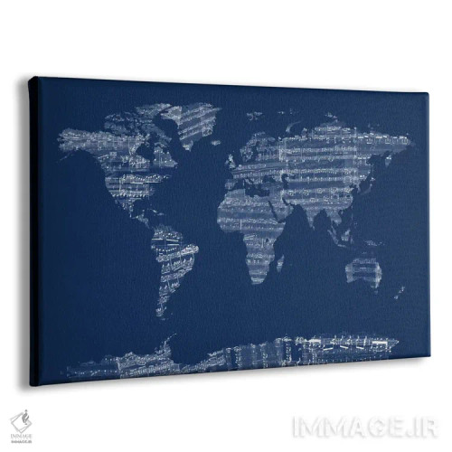 تابلو نقشه جهان با نت موسیقی (آبی) اثر مایکل تامپست - نمای پرسپکتیو محصول