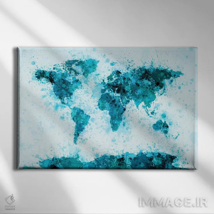 تابلو نقشه جهان با پاشش رنگ (آبی) اثر مایکل تامپست - نمای روبهرو روی دیوار