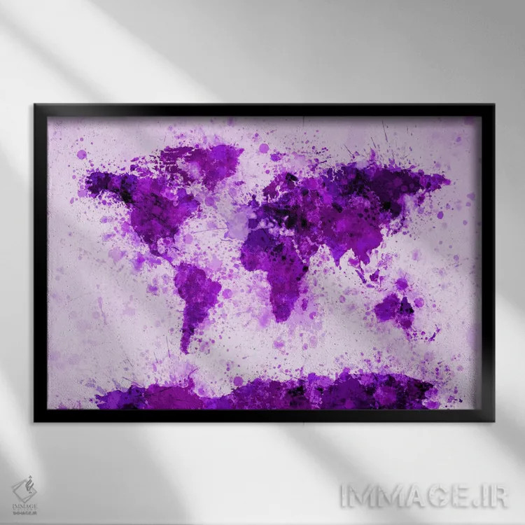 تابلو نقشه جهان با پاشش رنگ (بنفش) اثر مایکل تامپست - نمای قابدار مشکی