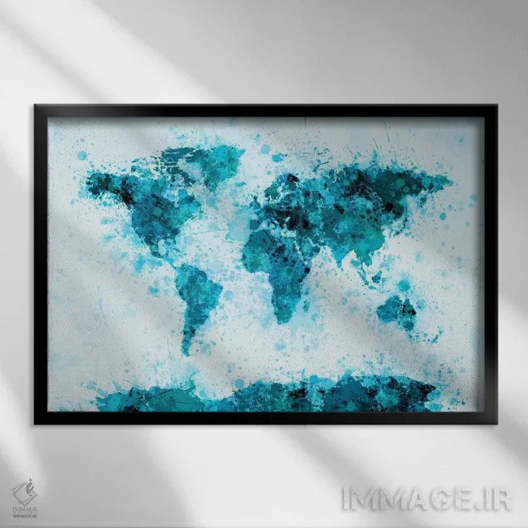 تابلو نقشه جهان با پاشش رنگ (آبی) اثر مایکل تامپست - نمای قابدار مشکی